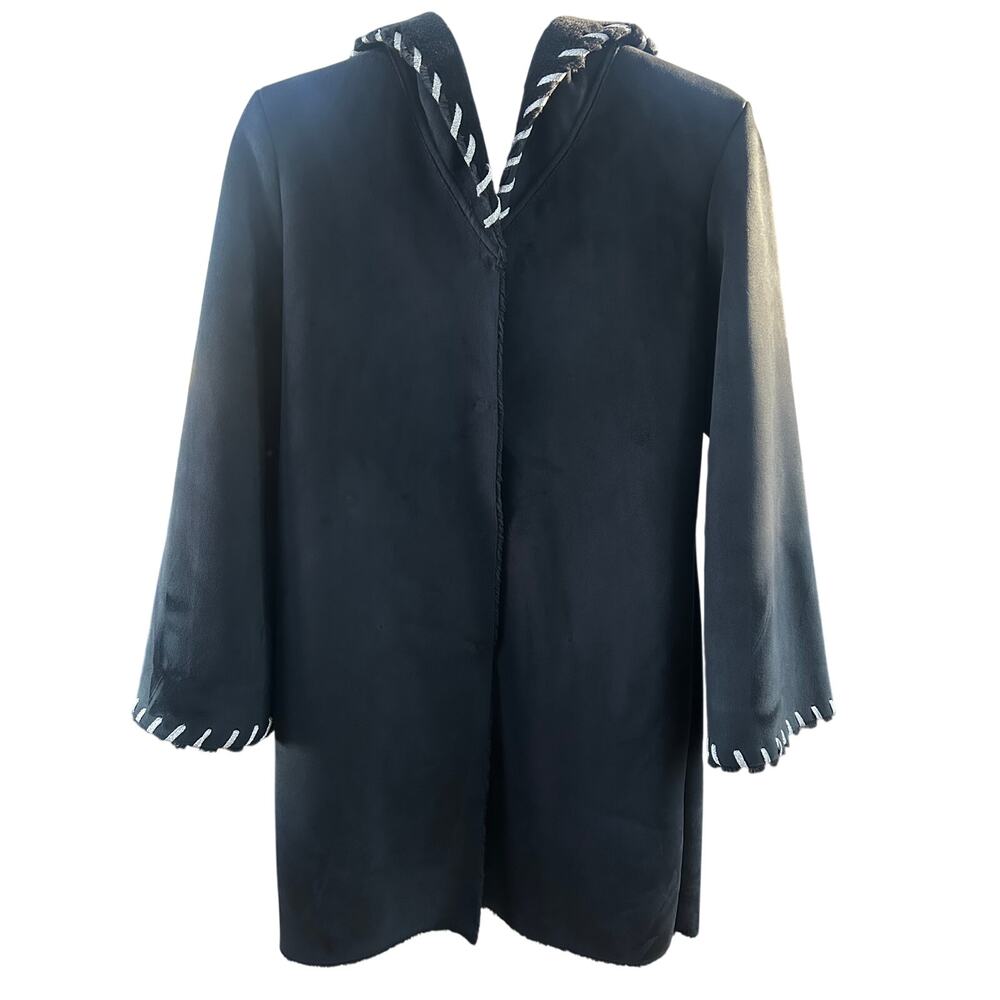 Pamela McCoy Y2K Black Faux Shearling Hooded Coat Silver Trim Bell Sleeve S